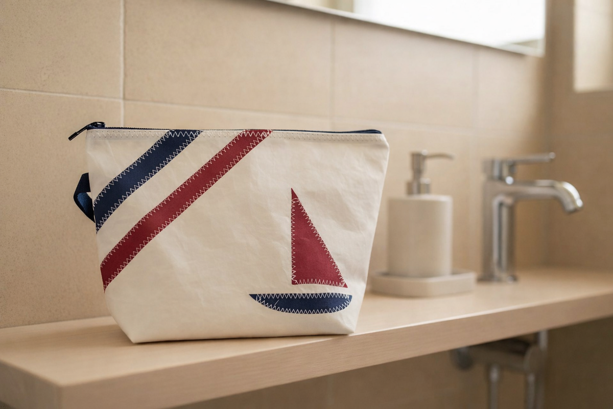 Kulturtaschen aus recyceltem Segeltuch in verschiedenen Designs und Größen. [KI]