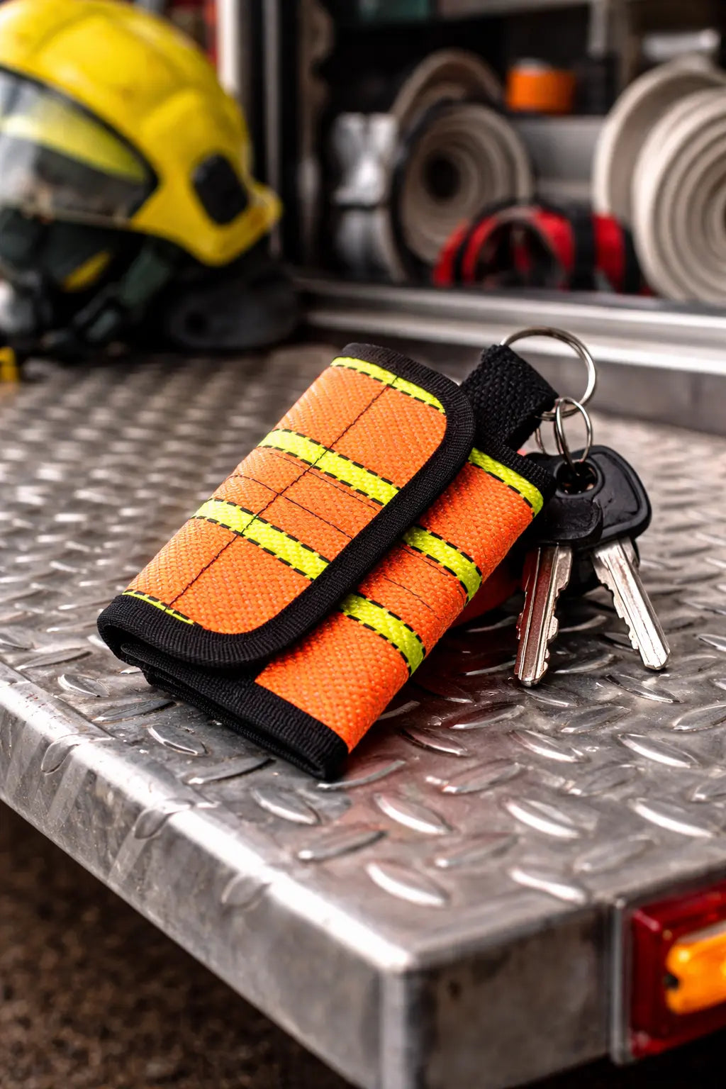 Schlüsseltasche aus Recyceltem Feuerwehrschlauch in Orange mit gelben Streifen. [KI]
