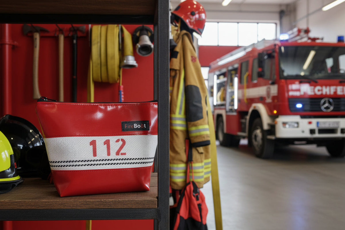 Kulturtasche aus recyceltem Feuerwehrschlauch in Kombination mit roter Plane. [KI]