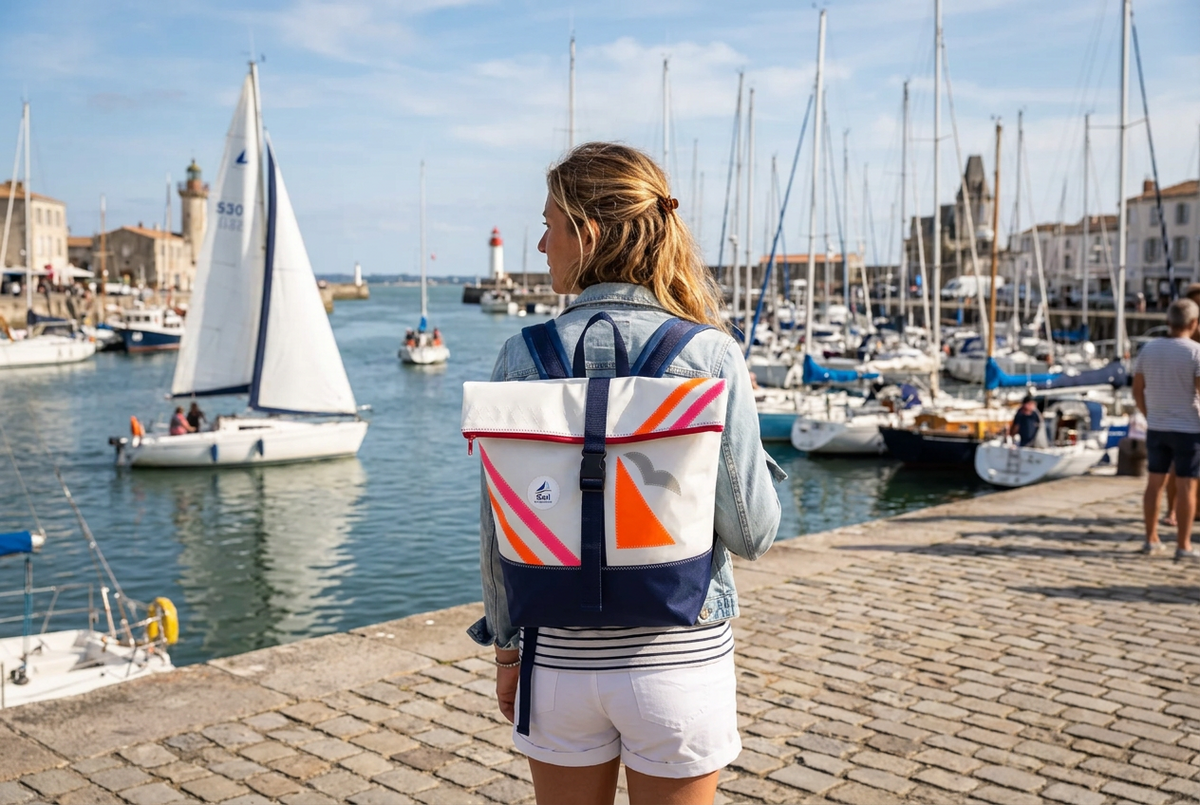 Rucksack in weiß aus recyceltem Segeltuch und blauem Wasserdichtem Rucksacktuch im unterem Bereich. Desing in Orange und pink. [KI]