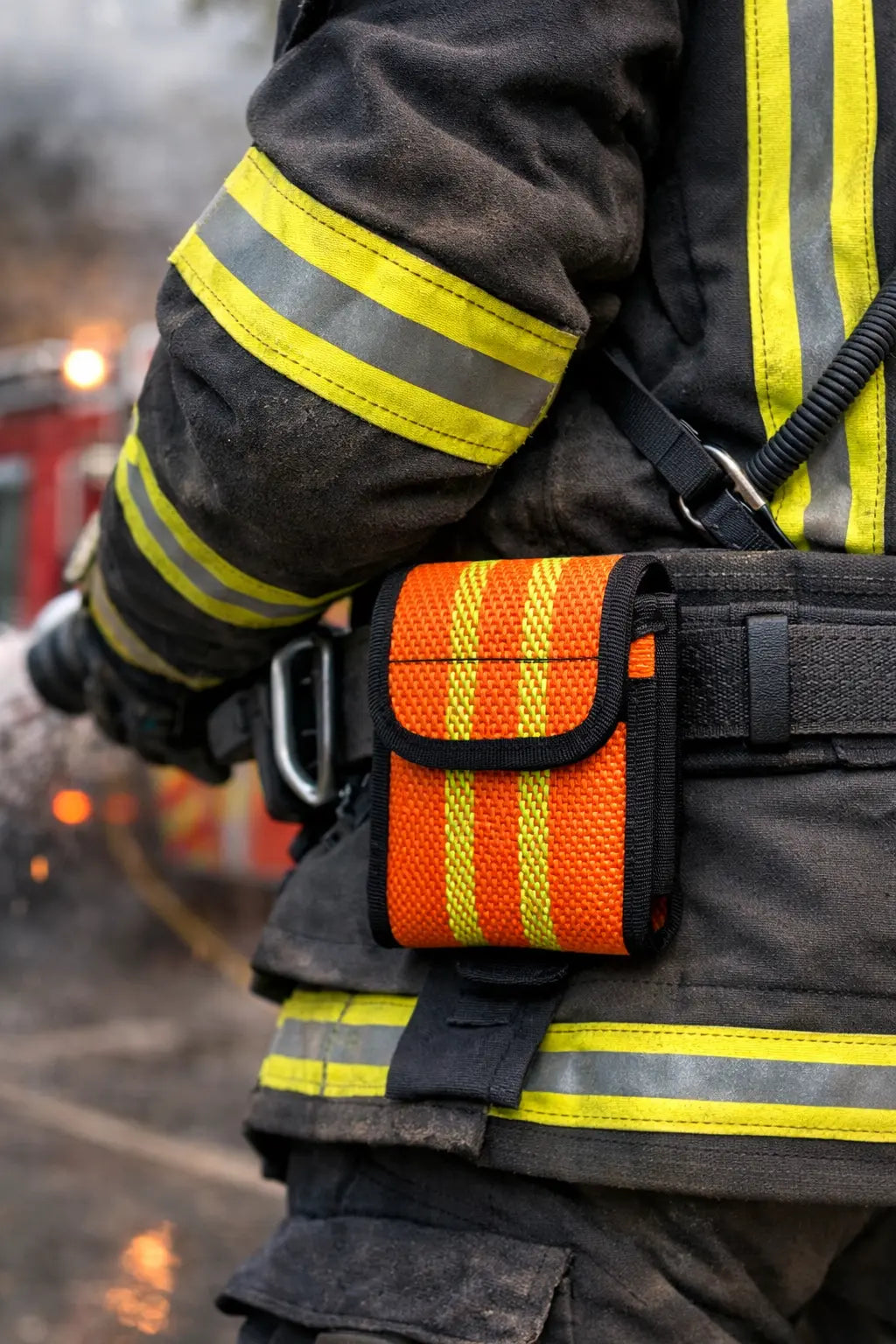 Meldertasche aus orangem Feuerwehrschlauch mit gelben Reflexstreifen am Gürtel einer Einsatzkraft in Feuerwehrschutzkleidung. [KI]