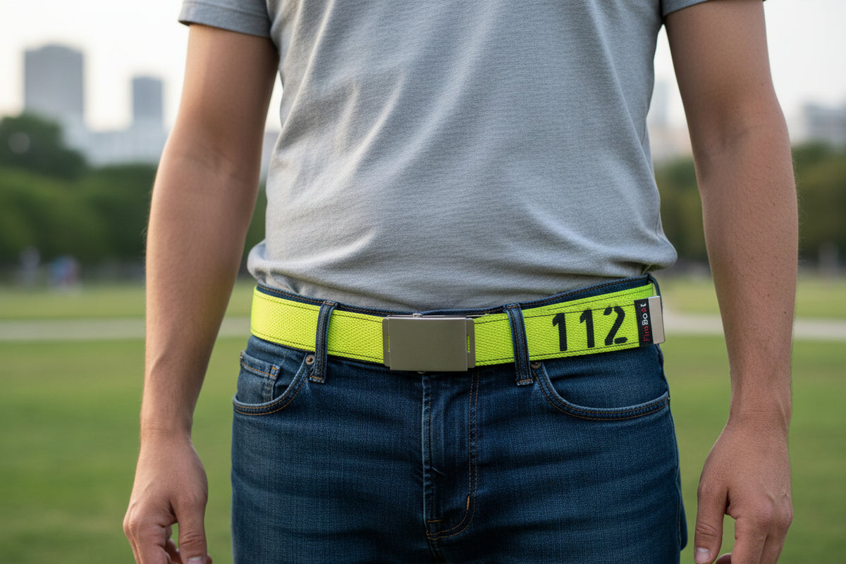 Gürtel aus Feuerwehrschlauch in Neon gelb mit 112 Aufdruck. (KI-generiert)