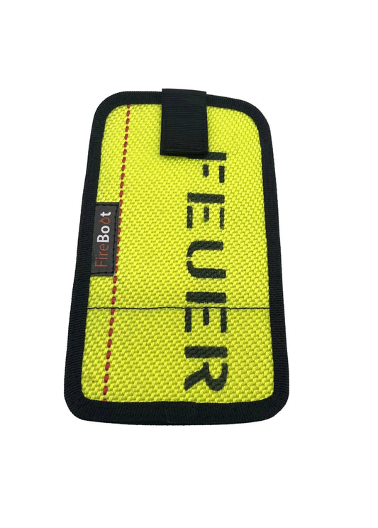 Handyhülle aus Feuerwehrschlauch in Neon mit Aufdruck FEUER.