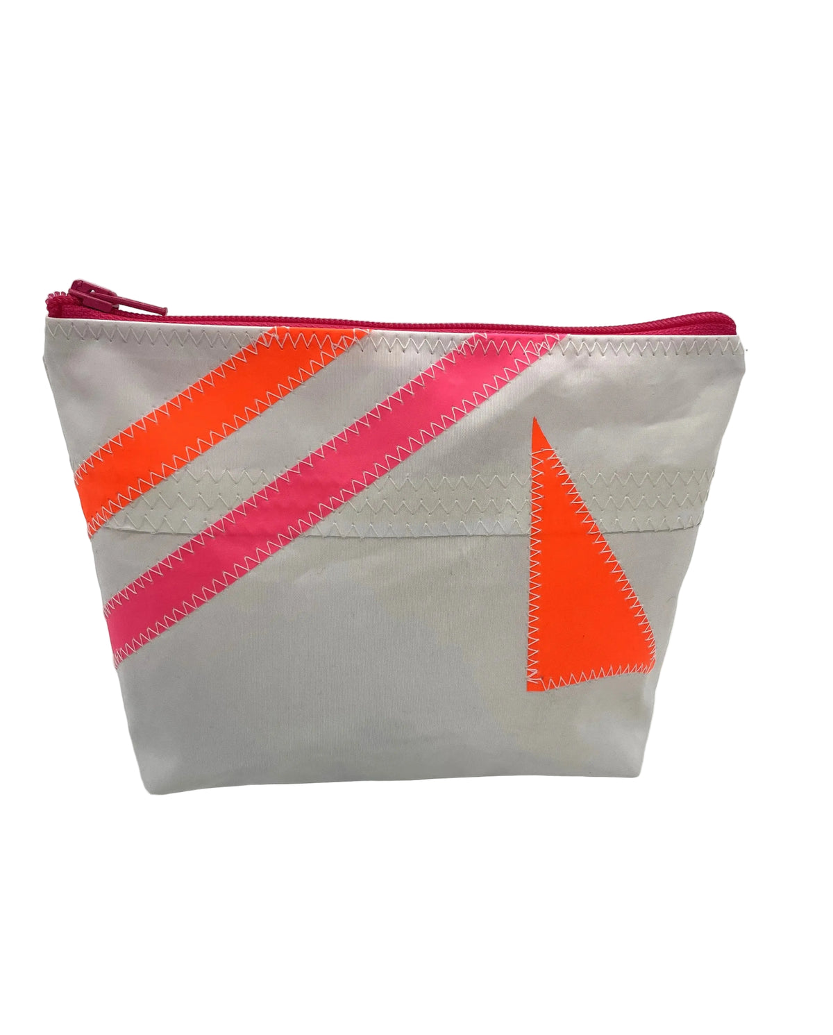 Kosmetiktasche weiß aus Segeltuch mit Streifen in Pink und Orange.