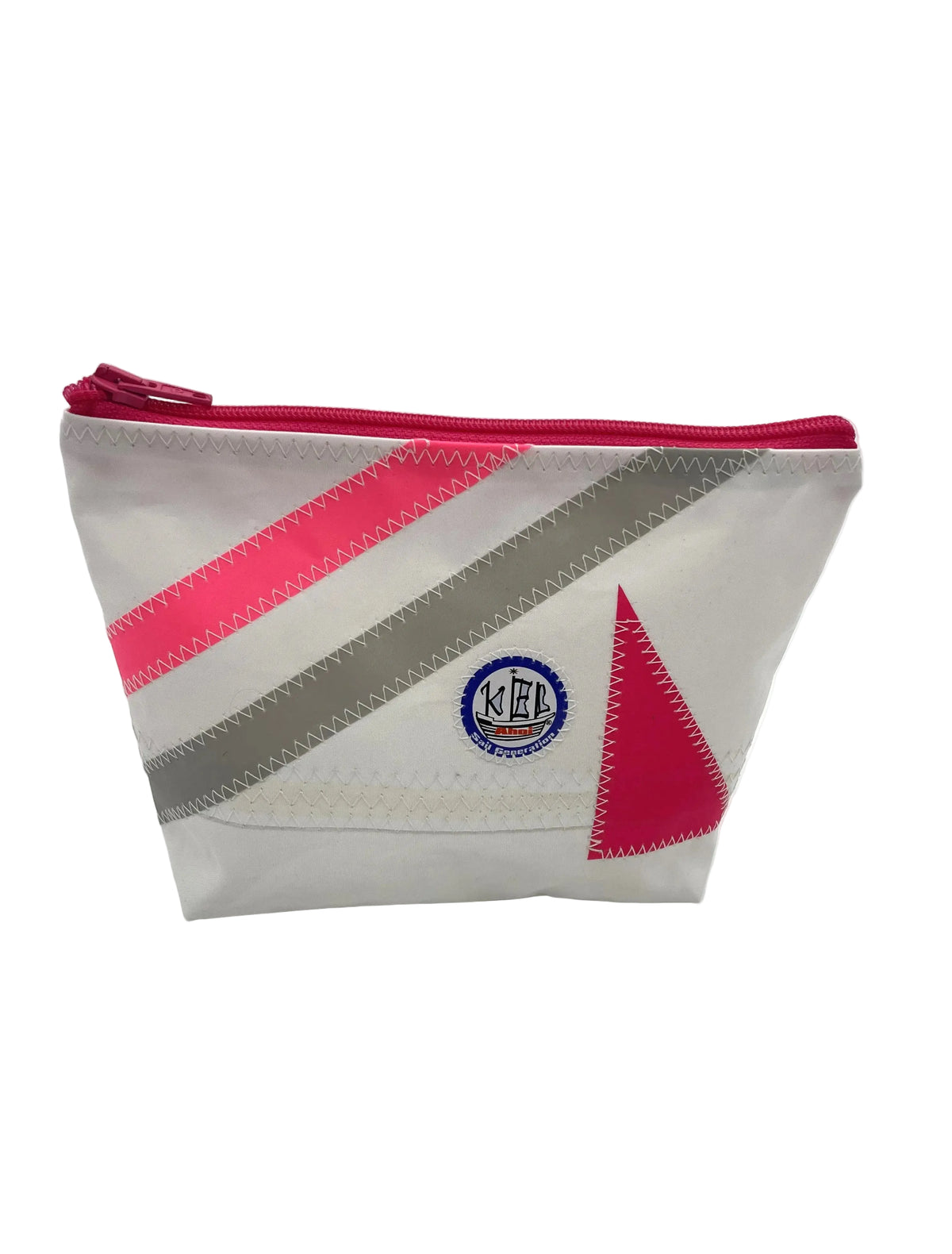 Kosmetiktasche in weiß aus Segeltuch mit Streifen in Pink und Grau.