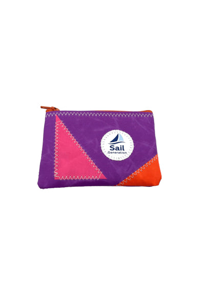 Miniportemonnaie S in brombeer aus Segeltuch mit Applikationen in pink und orange.