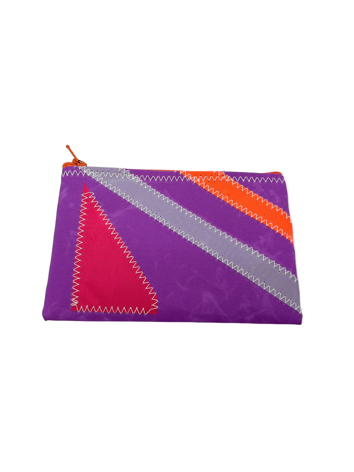 Mini Portemonnaie aus Segeltuch in Brombeer mit Applikationen in pink, orange und grau.