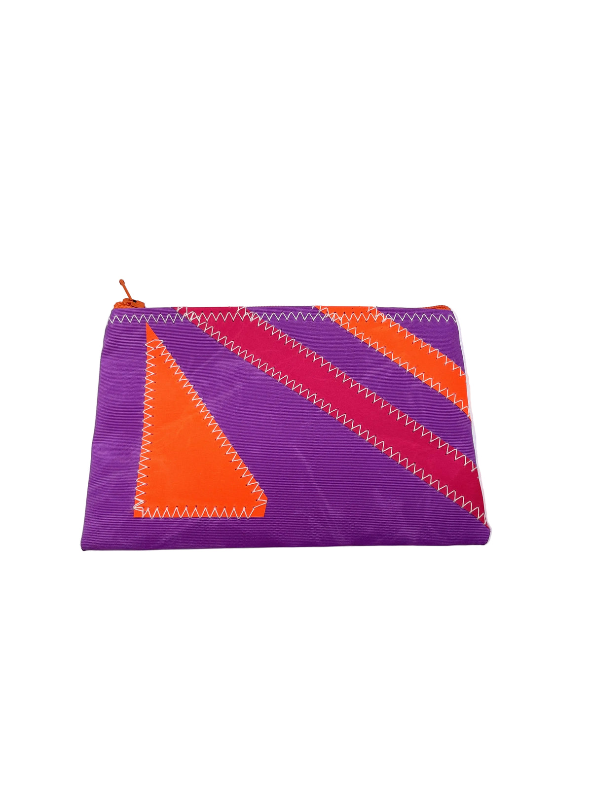 Mini Portemonnaie aus Segeltuch in Brombeer mit Applikationen in orange und pink.
