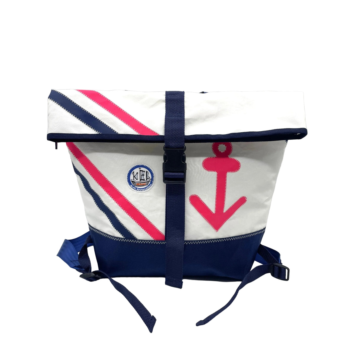 Rucksack M aus recyceltem Segeltuch in weiß und Blau mit Anker.