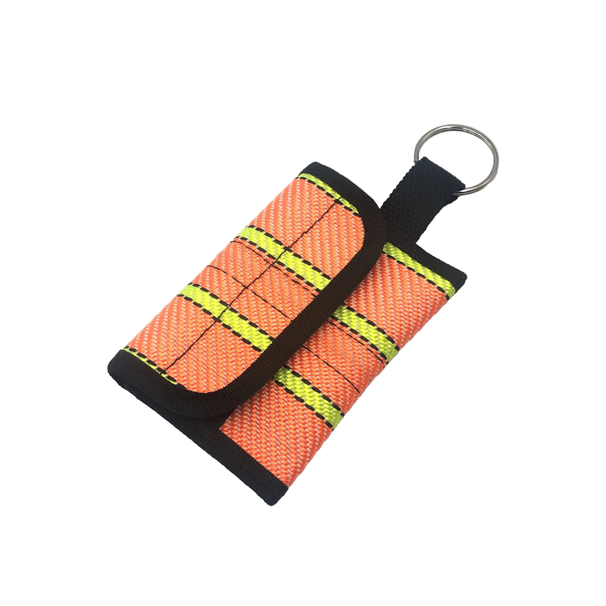 Schlüsseltasche aus Feuerwehrschlauch in orange mit Streifen.