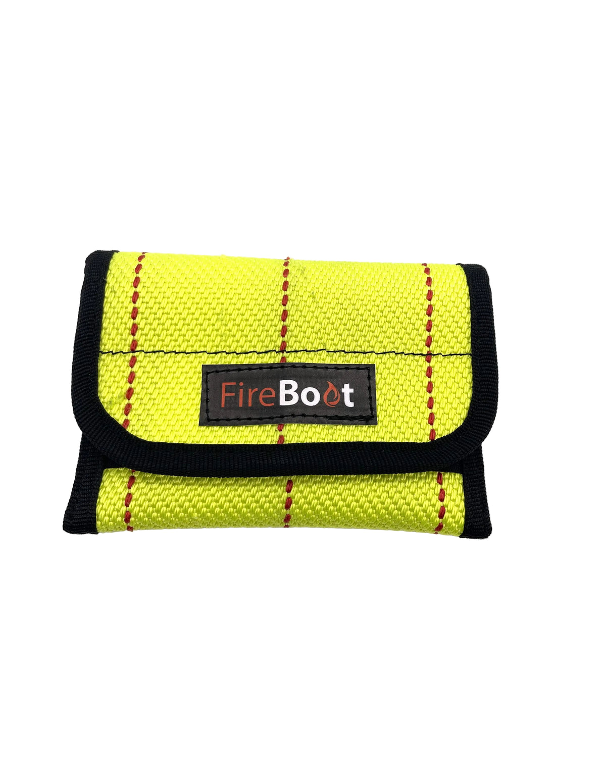 Schlüsseltasche M aus recyceltem Feuerwehrschlauch in Neongelb mit roten Original Nähten.