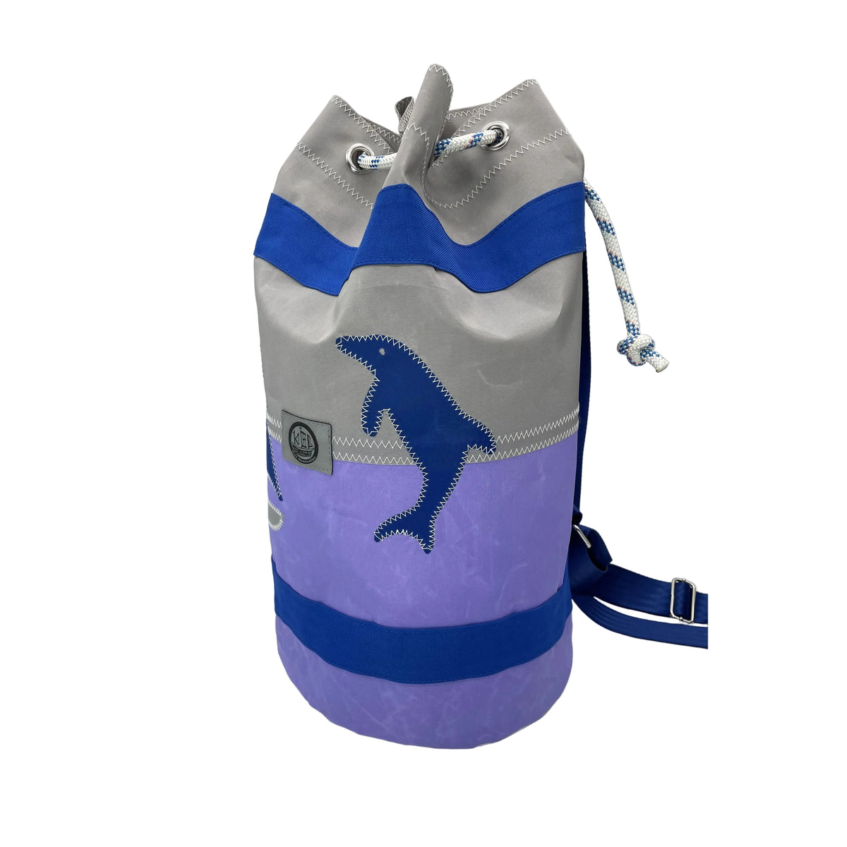 Seesack S - Bunt aus recyceltem Segeltuch in Flieder/Grau mit Delfin.